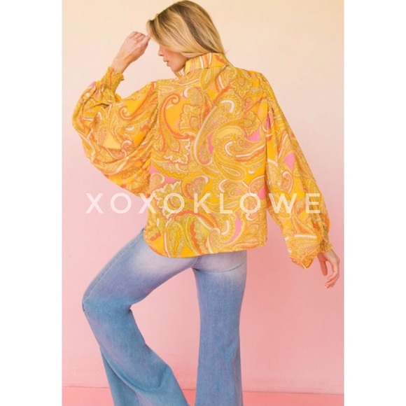 Yellow Button Down Blouse Paisley Print Long Sleeves - Picture 6 of 10